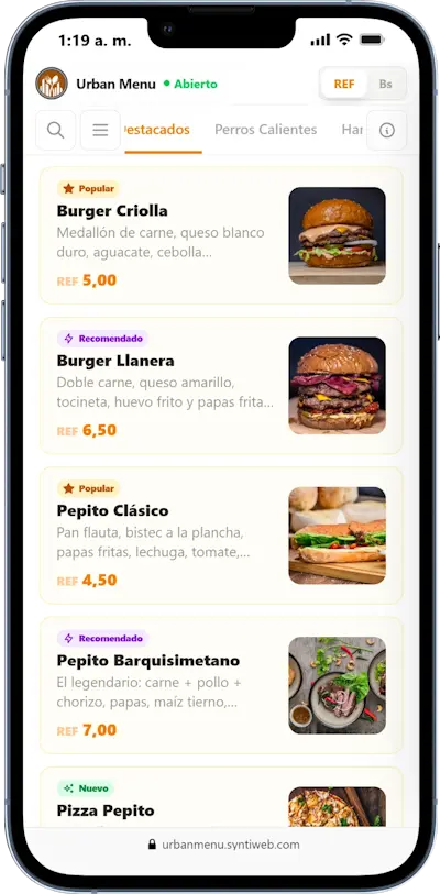 Lista de menú con precios